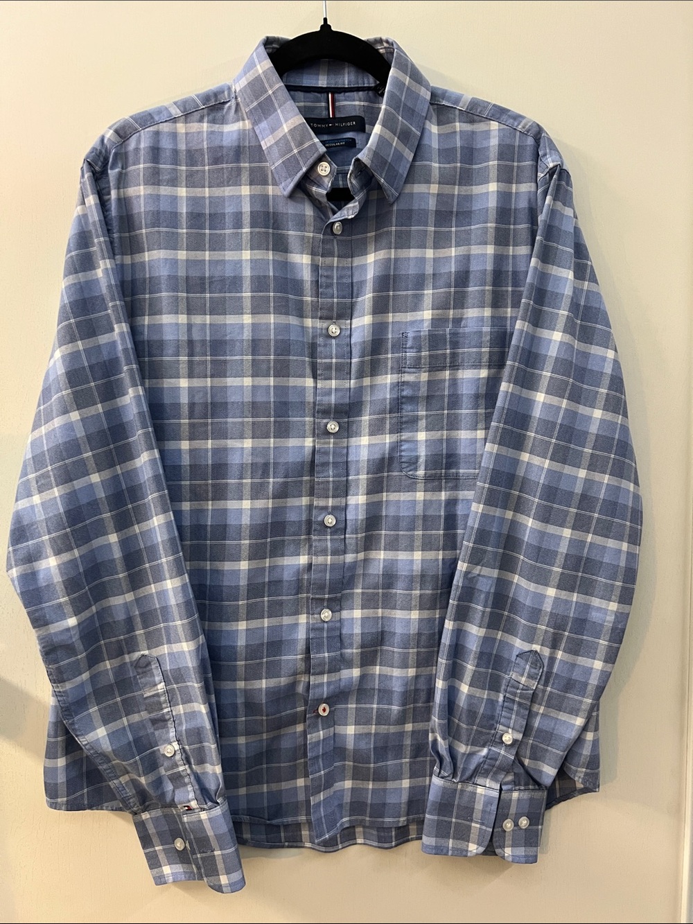 Tommy Hilfiger Light Blue and White Plaid Button-Down Shirt, LS